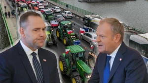 Prezydent Karol Nawrocki i premier Donald Tusk, w tle zdjęcie z protestu rolników z lutego 2024 (fot. źródłowe: Jan Graczynski / Wojciech Olkusnik / East News, kolaż: K. Głodowska)