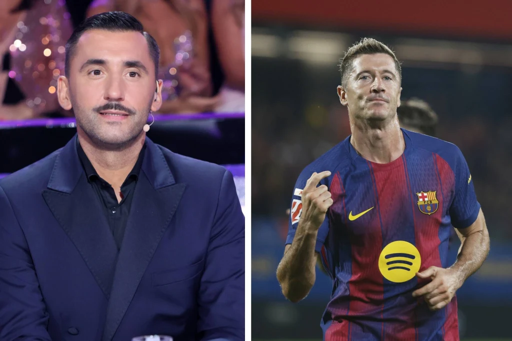 Rafał Maserak, Robert Lewandowski Mężczyzna w ciemnym garniturze siedzący przy stole oraz sportowiec w stroju piłkarskim FC Barcelony gestykulujący na boisku.