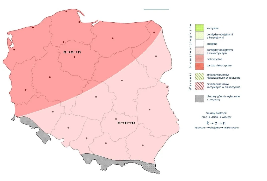 Mapa Polski z podziałem na różne strefy biometeorologiczne w odcieniach czerwieni i różu, z legendą określającą stopień korzystności warunków biometeorologicznych, głównie niekorzystne i bardzo niekorzystne w północnej i centralnej części kraju.