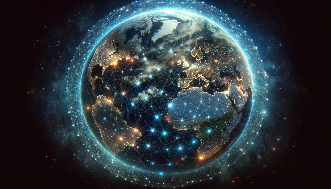 Centra danych w kosmosie? To nowy kierunek rozwoju technologii Kula ziemska widziana z kosmosu, z widocznymi liniami łączącymi różne punkty na powierzchni, symbolizującymi globalną sieć komunikacyjną, światła miast podkreślają gęstość zaludnienia i aktywność cywilizacyjną.
