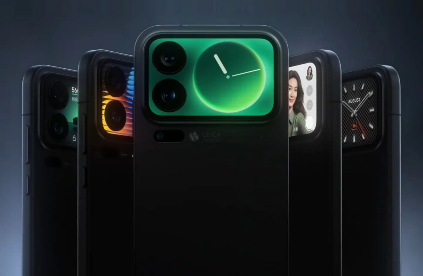 Xiaomi 17 Pro Max ma drugi ekran. Rząd nowoczesnych smartfonów ustawionych w półkolu, każdy przedstawia ekran z innym widokiem, m.in. zegar, kolorowe paski, wideorozmowę oraz klasyczny cyferblat.