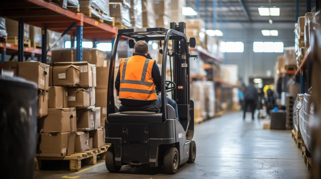 Pracownik magazynu w pomarańczowej kamizelce odblaskowej kieruje wózkiem widłowym pomiędzy regałami wypełnionymi kartonami i towarami, w tle liczne półki z uporządkowanymi paczkami, przestrzeń dobrze oświetlona światłem dziennym.