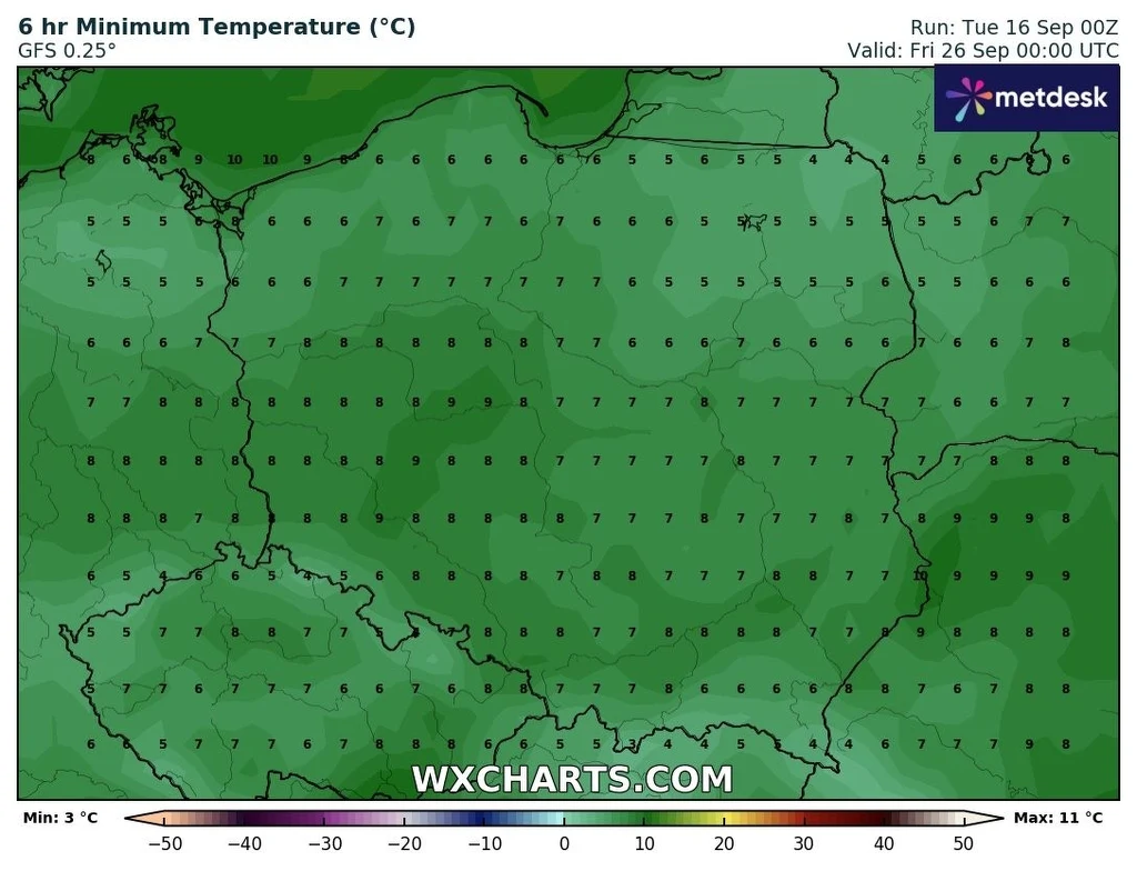 Mapa Polski z naniesionymi prognozowanymi minimalnymi temperaturami powietrza w stopniach Celsjusza, które wynoszą od 3°C na południowym zachodzie do 11°C na północnym wschodzie.