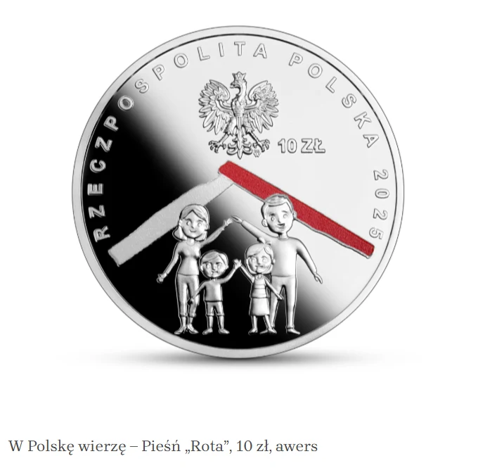 Rodzina trzymająca się za ręce pod dwoma stylizowanymi, czerwono-białymi pasami symbolizującymi flagę Polski, w otoczeniu napisu 'RZECZPOSPOLITA POLSKA 2025' z godłem państwowym i nominałem 10 zł.