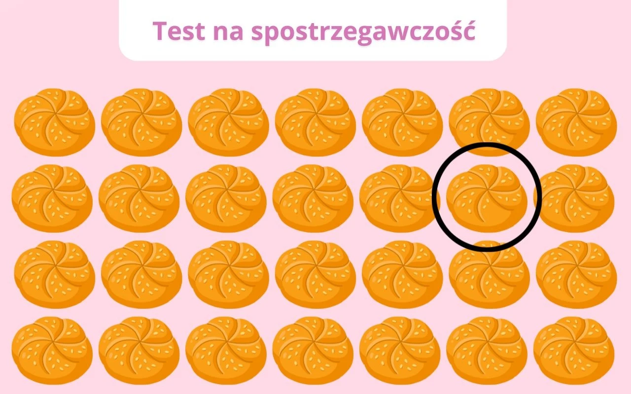 Rząd okrągłych bułek ułożonych w równych rzędach na jasnoróżowym tle, jedna bułka w środkowym rzędzie otoczona czarnym okręgiem, powyżej napis 'Test na spostrzegawczość'.