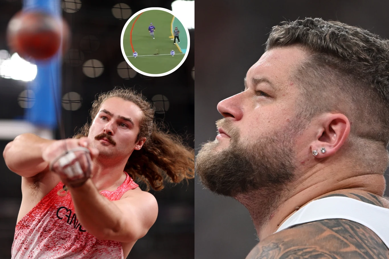Ethan Katzberg znów mistrzem świata, z piątym wynikiem w historii. A Paweł Fajdek po raz drugi bez medalu. Kosmiczny poziom najlepszych Sportowiec podczas rzutu młotem z dynamicznym ruchem ręki, w tle rozmyte światła stadionu, po prawej stronie zbliżenie twarzy innego sportowca skupionego na rywalizacji. W górnej części widoczna wstawka ze sceną wykonania rzutu na stadionie.