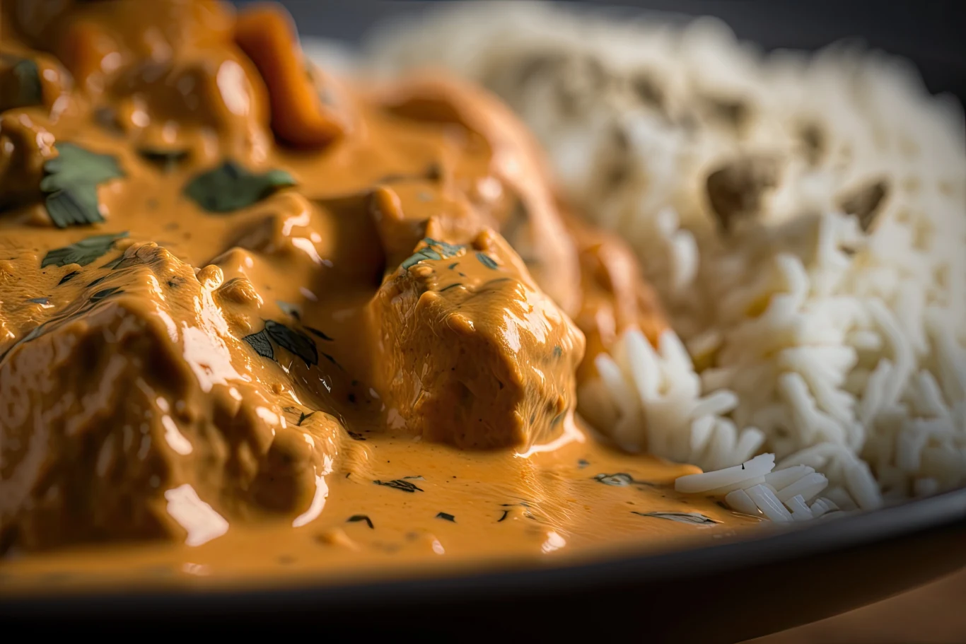 Porcja kremowego curry z kawałkami mięsa i posypką z ziół, podana obok białego ryżu na talerzu.