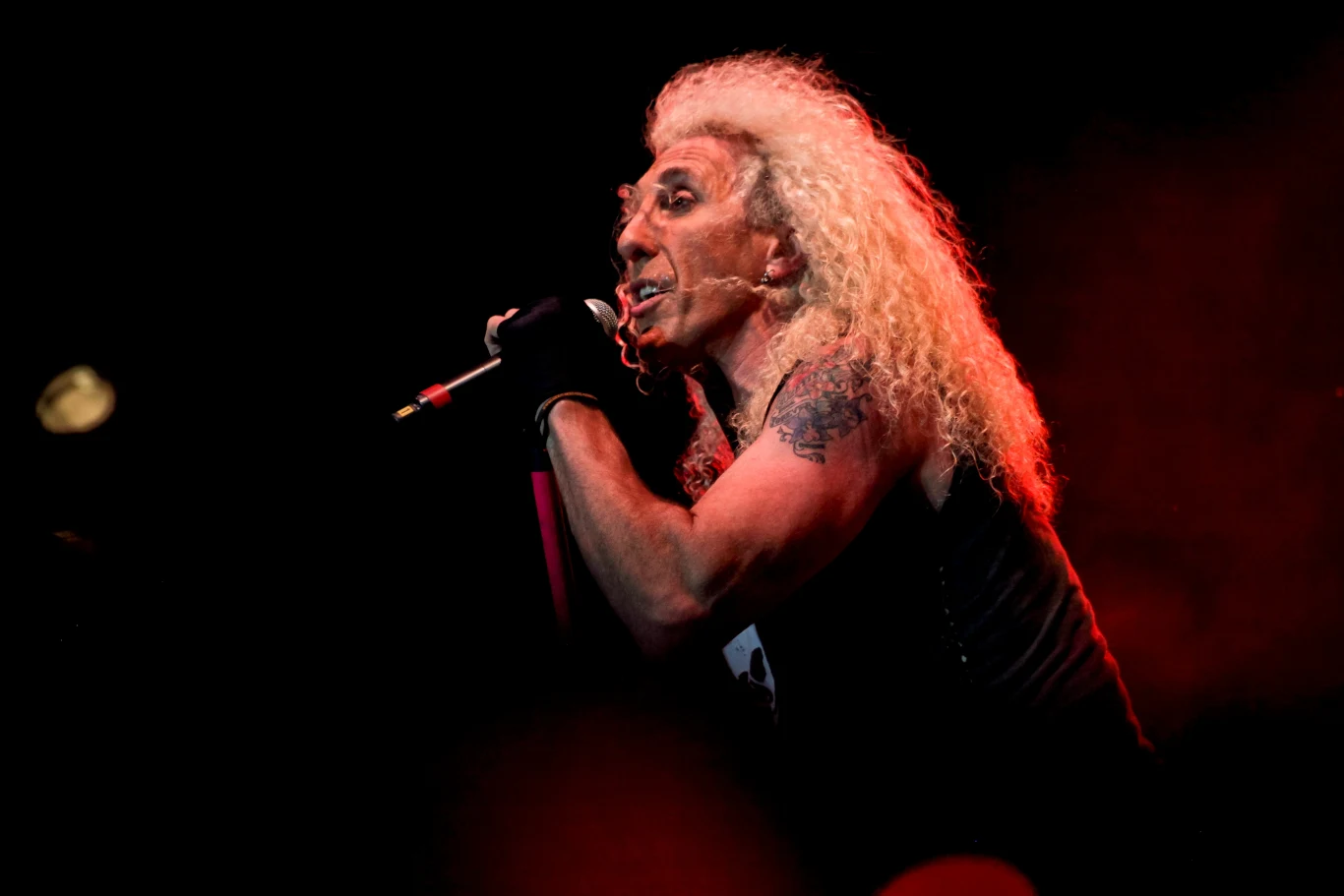 Dee Snider, lider grupy Twister SIster Wokalista z burzą blond włosów śpiewa na scenie podczas koncertu, trzymając mikrofon w ręku i nosząc czarną odzież oraz rękawiczkę bez palców, wyraziste światło sceniczne podkreśla jego sylwetkę.