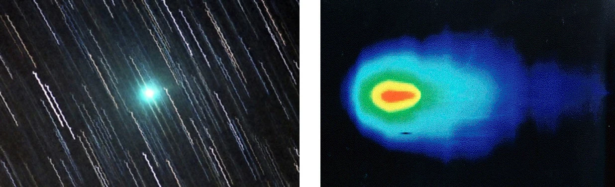 IRAS–Araki–Alcock w 1983 roku. Zdjęcia wykonane aparatem fotograficznym oraz w podczerwieni Po lewej stronie rozmyte ślady gwiazd i jasno świecąca kometa na tle nocnego nieba, po prawej stronie obraz przedstawiający kolorowy rozkład intensywności komety w formie termogramu lub mapy spektralnej.
