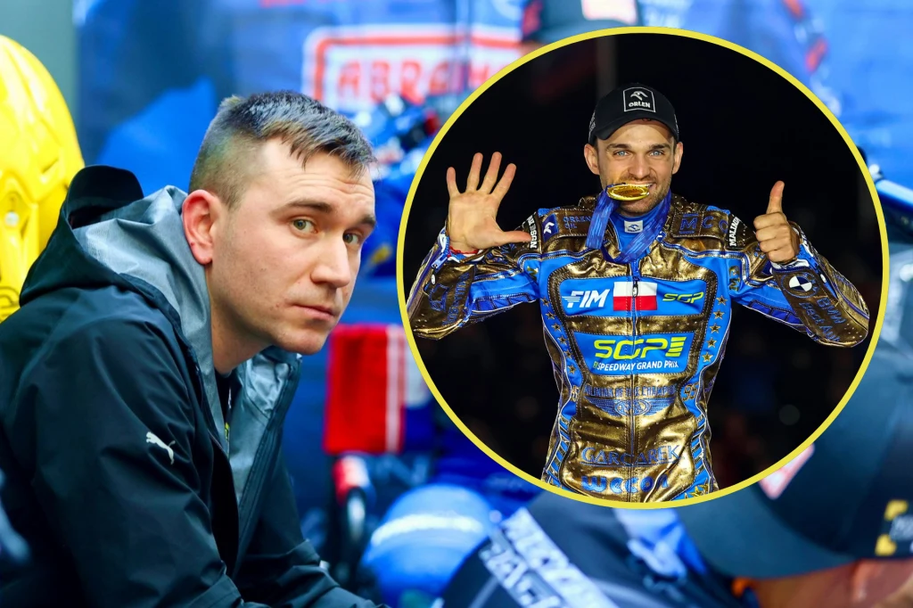 Po lewej stronie mężczyzna w casualowym ubraniu siedzi i patrzy w bok. Na żółtym okrągłym kadrze wyeksponowany sportowiec w stroju żużlowym, uśmiechający się i pokazujący palcami wysokość sukcesu, na niebieskim tle z logotypem FIM.