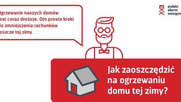 Infografika z napisem informującym o rosnących kosztach ogrzewania i propozycjach prostych kroków w celu zmniejszenia rachunków oraz dużym tytułem pytającym o sposoby oszczędzania na ogrzewaniu zimą, dodatkowo widoczny rysunkowy symbol domu i stylizowa...