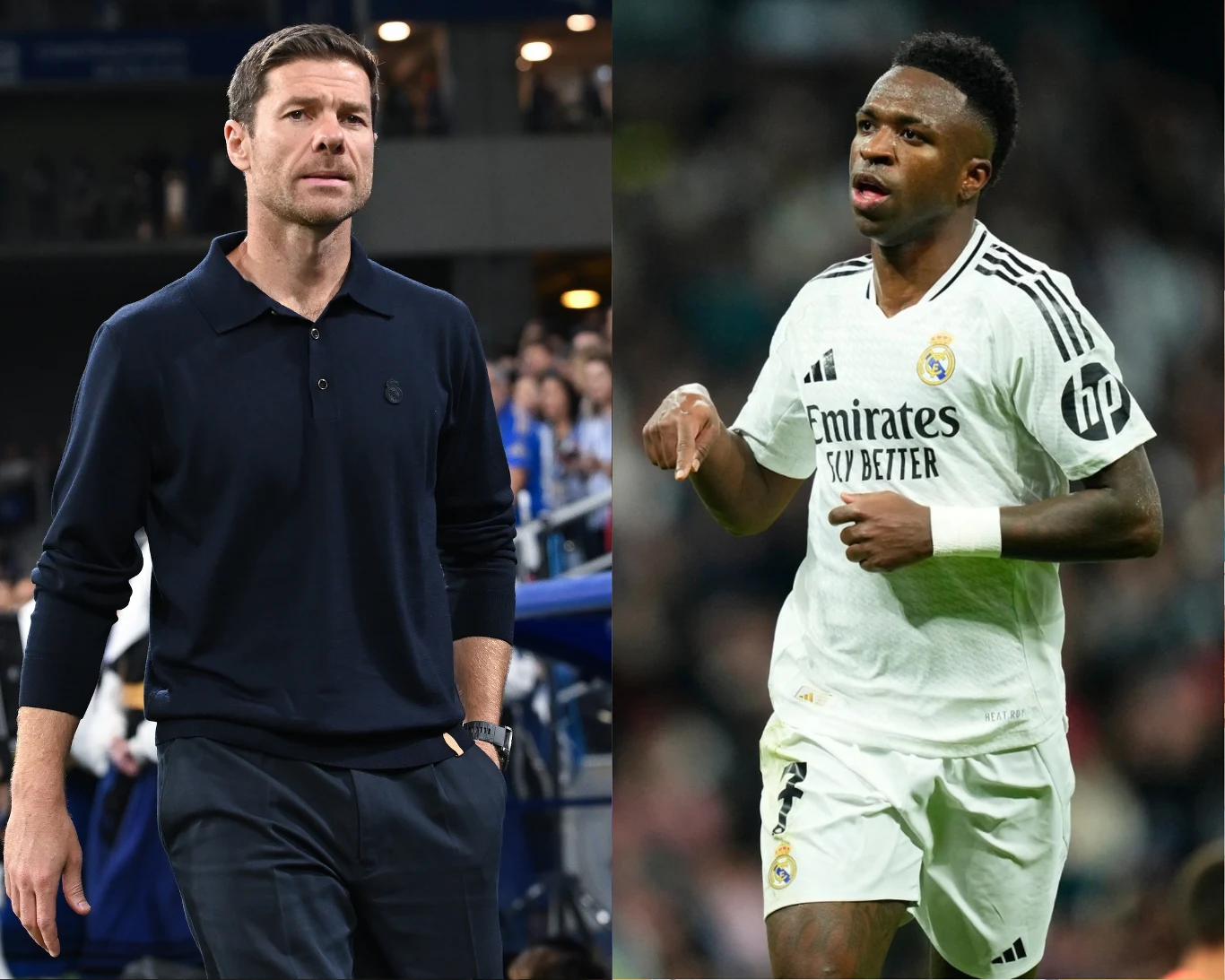 Xabi Alonso i Vinicius Junior Dwóch mężczyzn, po lewej stronie osoba ubrana w ciemną koszulę i spodnie, stojąca w sportowym otoczeniu, po prawej piłkarz w białym stroju drużyny Realu Madryt podczas meczu, wykonujący gest ręką.