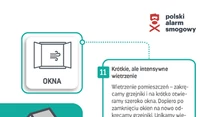 Instrukcja dotycząca efektywnego wietrzenia pomieszczeń zimą, ilustrowana symbolem okna, logotypem Polskiego Alarmu Smogowego oraz poradą o krótkim, intensywnym wietrzeniu z zamkniętym grzejnikiem w celu oszczędzania ciepła.