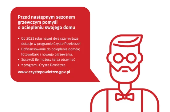 Grafika informacyjna zachęcająca do skorzystania z programu Czyste Powietrze z informacjami o dofinansowaniu do ocieplenia domów, instalacji fotowoltaicznych i nowego ogrzewania. Po lewej stronie widoczna jest czerwono-biała ikona stylizowanej postaci ...