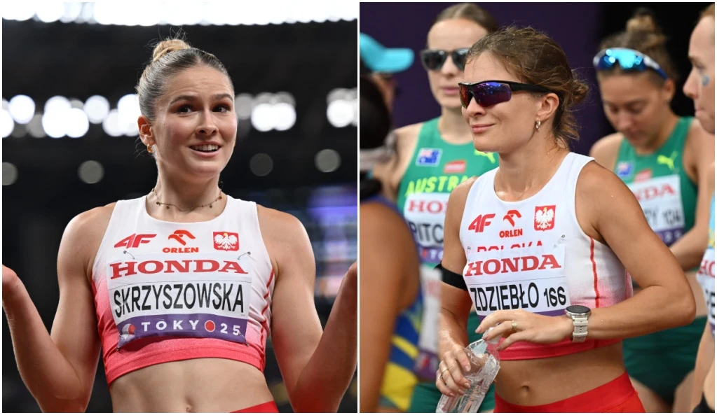 Dwie polskie lekkoatletki w strojach reprezentacyjnych podczas zawodów, jedna z nich gestykuluje rękami, druga stoi z butelką wody, w tle widoczne inne zawodniczki.