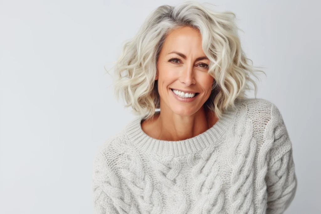 Uśmiechnięta dojrzała kobieta o siwych, falowanych włosach w jasnym, grubym swetrze na tle jasnej ściany.