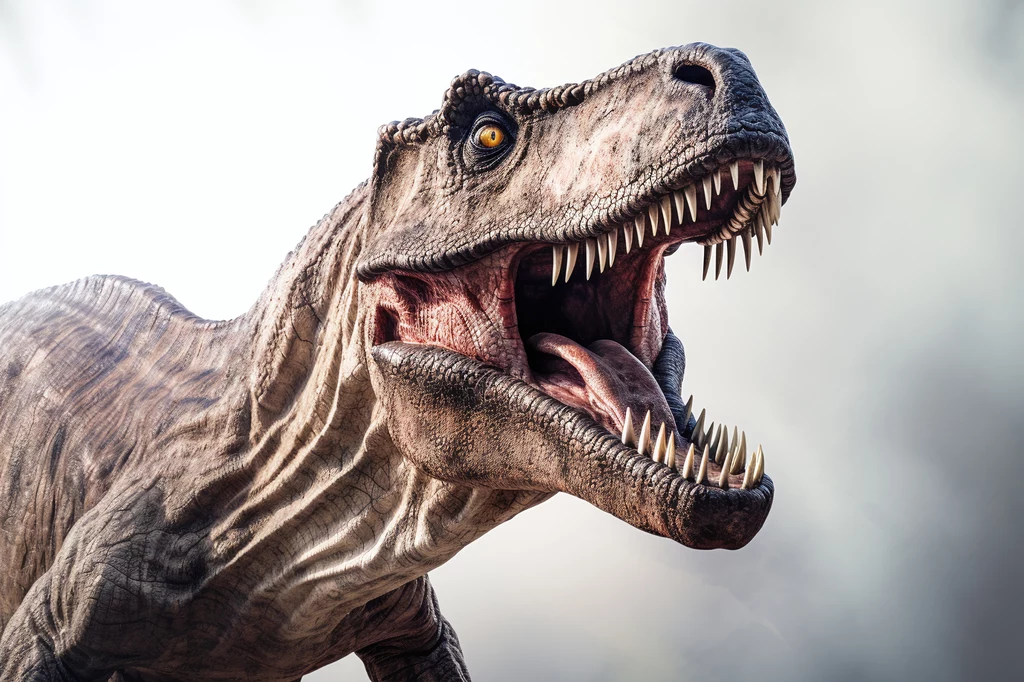Głowa dinozaura tyranozaura o szeroko otwartej paszczy, z widocznymi ostrymi zębami i teksturą skóry, tło zamglone i jasne.