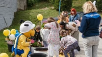 Dzieci i dorośli sadzą kwiaty w dużych donicach na świeżym powietrzu, uczestnicząc w wydarzeniu edukacyjnym z maskotką pszczoły, wokół widoczne są żółte balony i rośliny.