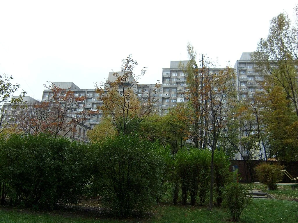 Wysokie szare bloki mieszkalne w tle, otoczone jesiennymi drzewami i krzewami, nad którymi rozciąga się pochmurne niebo.