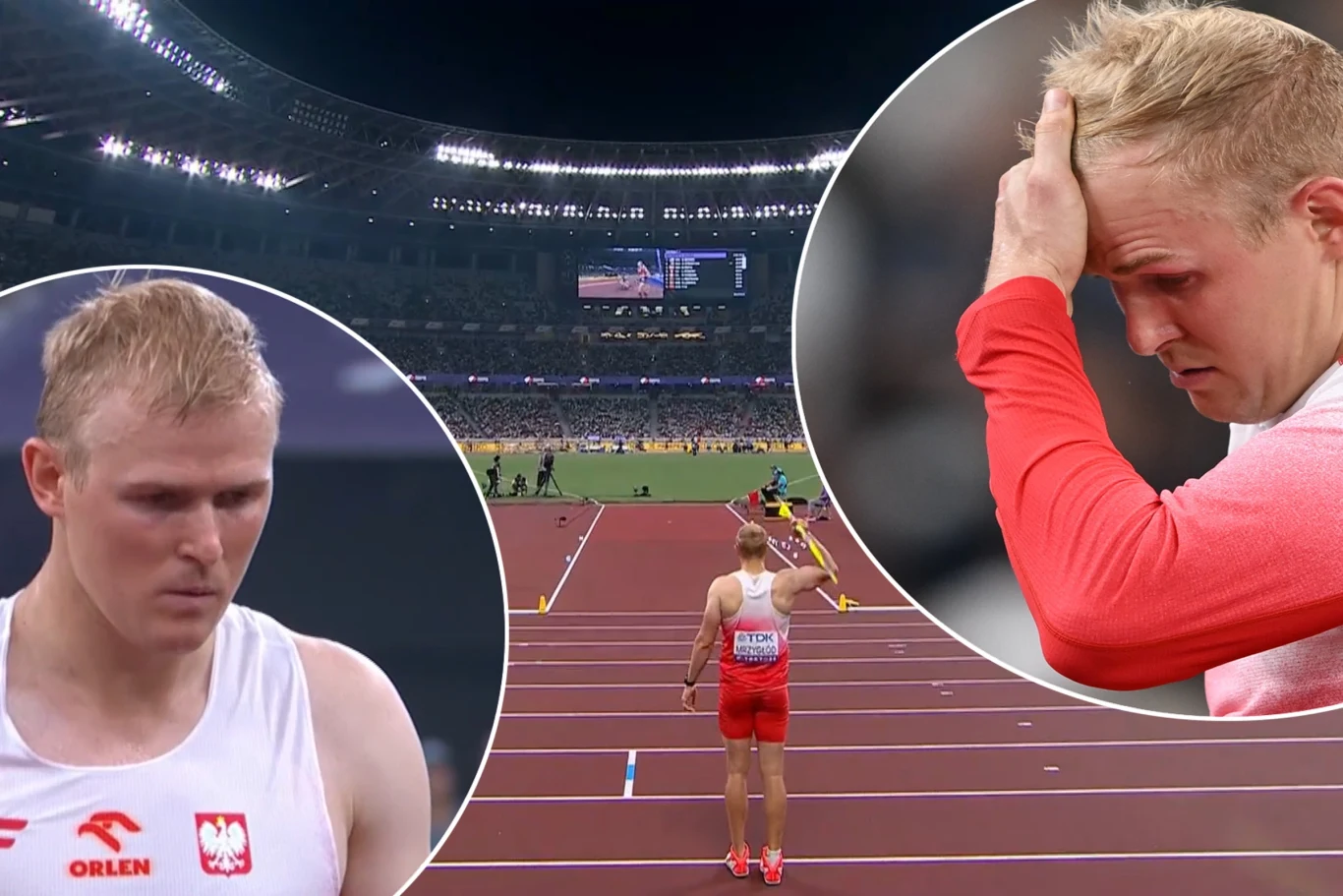 Polski lekkoatleta przygotowujący się do startu na stadionie lekkoatletycznym, ujęcia zbliżeniowe pokazują skupienie i rozczarowanie zawodnika.