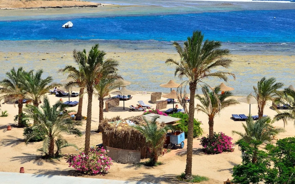 Marsa El Alam to wybór dla osób ceniących sobie ciszę i spokojny wypoczynek Plaża z jasnym piaskiem, palmami i leżakami otoczonymi parasolami, turkusowa woda w tle, kilka osób odpoczywających na leżakach, egzotyczna roślinność oraz niska zabudowa stylizowana na chatki z naturalnych materiałów.