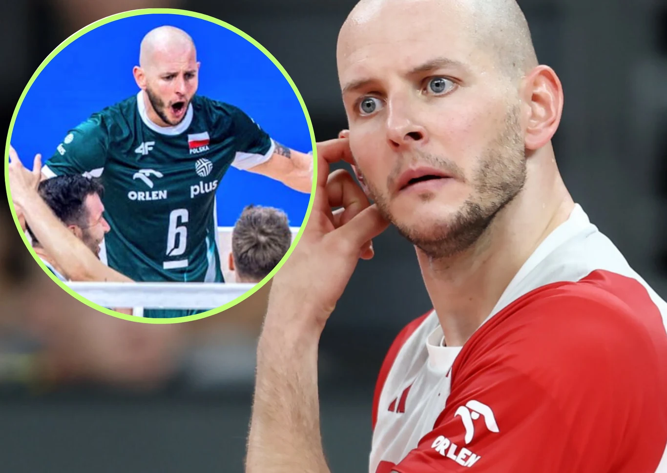 Bartosz Kurek Zbliżenie na siatkarza w biało-czerwonym stroju, z poważnym wyrazem twarzy, na drugim planie widoczne jest okrągłe powiększenie z fragmentem meczu, gdzie ten sam siatkarz energicznie reaguje na boisku w zielonej koszulce.