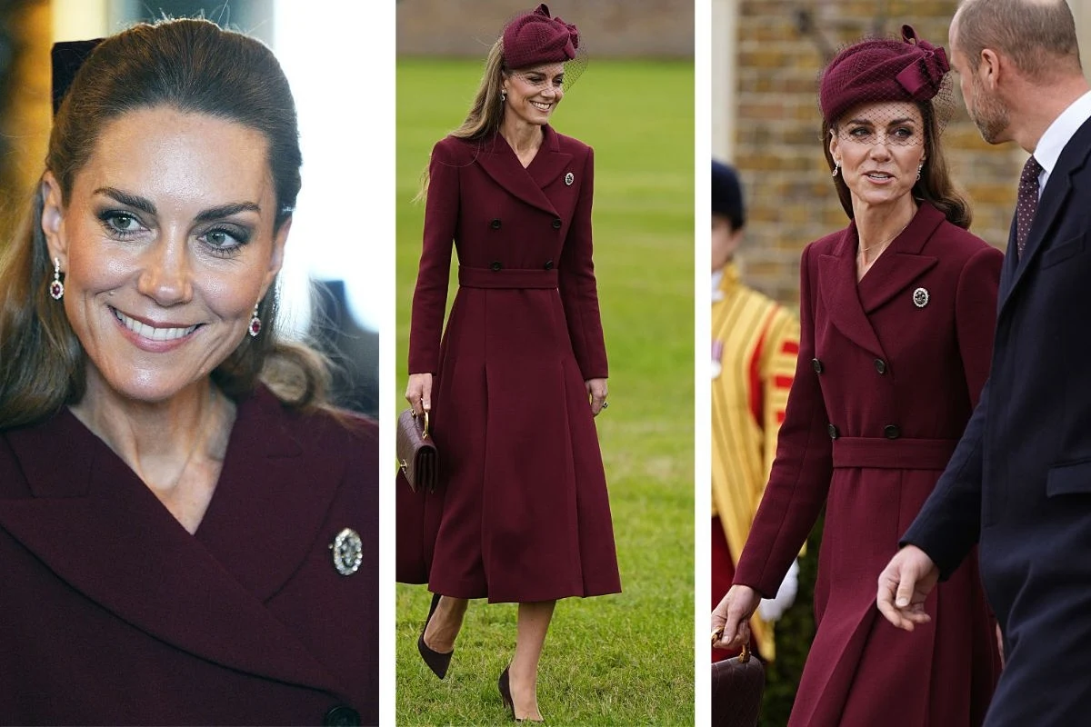 Księżna Kate wybrała ciemną czerwień Elegancko ubrana kobieta w bordowym płaszczu i dopasowanym kapeluszu, pojawia się w różnych ujęciach – uśmiecha się, stoi na trawie oraz rozmawia z mężczyzną, w tle oficjalna scenografia.