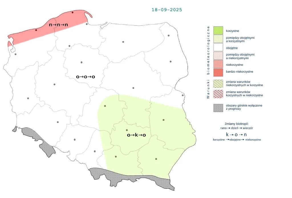 Mapa pogodowa Polski z podziałem na regiony oznaczone kolorami, informująca o korzystnych i niekorzystnych warunkach biometeorologicznych, wraz z legendą opisującą znaczenie kolorów i symboli.