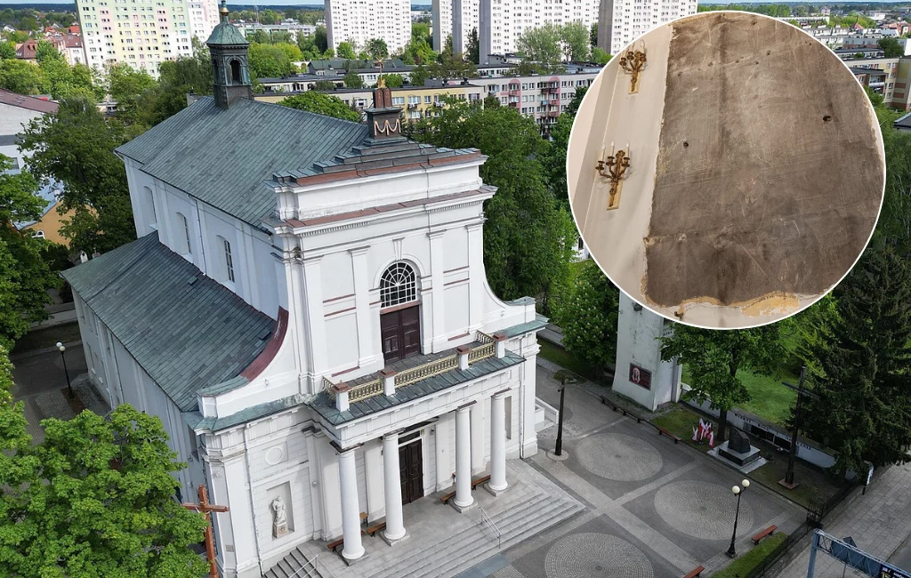Kościół św. Stanisława, najstarszy murowany obiekt architektury sakralnej w Siedlcach, stał się miejscem wyjątkowego odkrycia. Biała fasada zabytkowego kościoła otoczona zielenią i miejską zabudową, zbliżenie w okręgu ukazuje fragment szarej relikwii ze złotym krzyżem umieszczonym na ścianie w środku świątyni.
