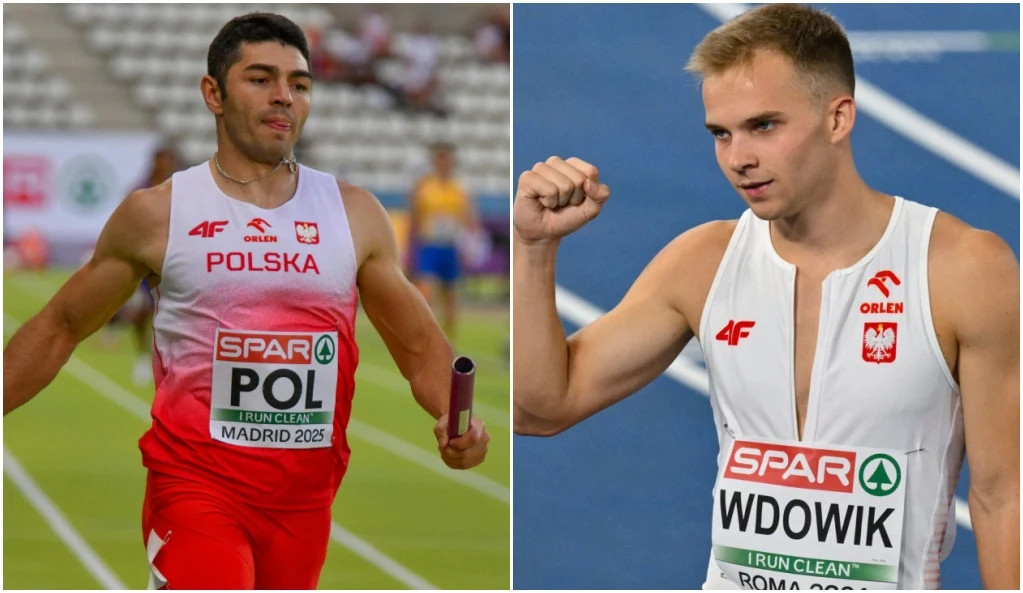 Dwóch lekkoatletów w biało-czerwonych strojach z napisem Polska i numerami startowymi, jeden z nich trzyma pałeczkę sztafetową, drugi pokazuje zaciśniętą pięść w geście triumfu.