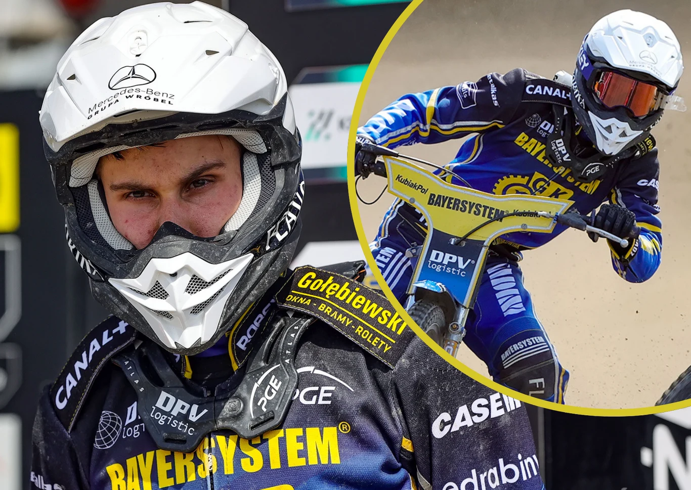 Zawodnik sportów motorowych w stroju ochronnym oraz kasku, zbliżenie na twarz, a obok dynamiczna akcja podczas wyścigu żużlowego, widoczny motocykl oraz logo sponsorów.