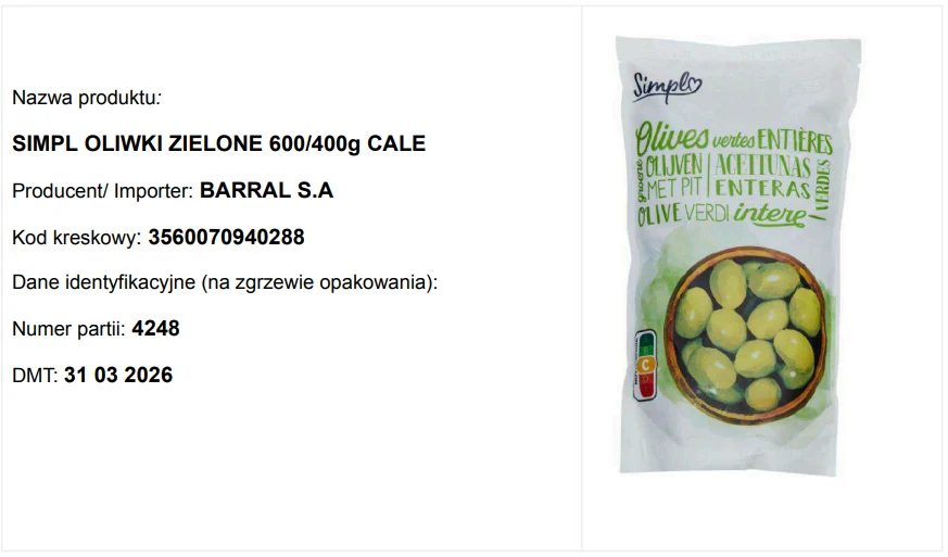 Opakowanie zielonych oliwek marki Simpl z czytelną etykietą, na której widoczna jest nazwa produktu, dane producenta, kod kreskowy oraz termin przydatności do spożycia.
