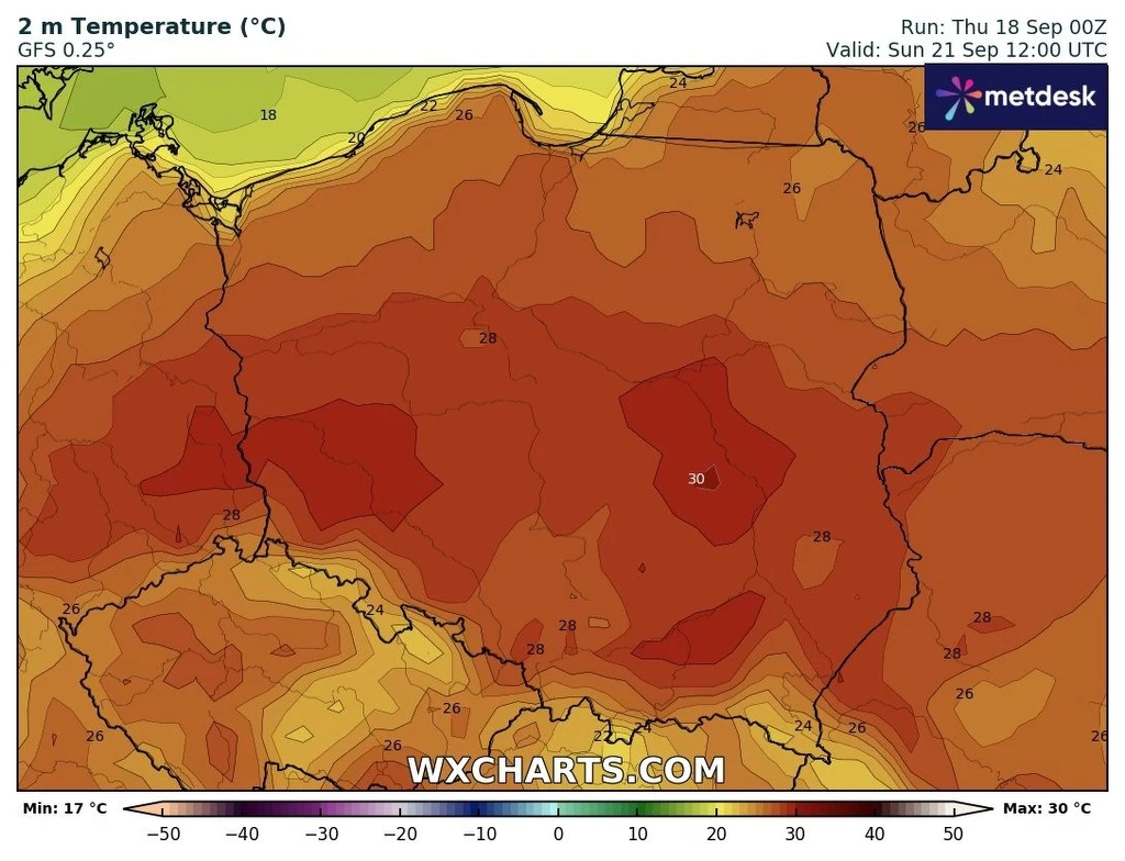 Przez cały weekend będzie gorąco, słonecznie i spokojnie. Opady deszczu i burze wrócą w kolejnym tygodniu Mapa Polski z prognozą temperatur powietrza na poziomie 2 metrów, przedstawiająca wartości od 17°C na północy do 30°C w centrum kraju, z wyraźnym zaznaczeniem cieplejszych i chłodniejszych rejonów.