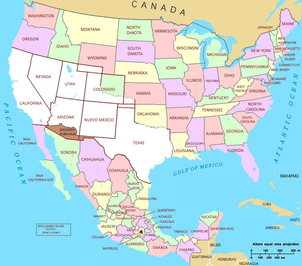 Mapa geograficzna przedstawiająca USA, Kanadę, Meksyk oraz sąsiednie państwa, z wyraźnym podziałem na stany oraz prowincje; granice i główne miasta oznaczone na kolorowym tle; widoczne oceany, granice międzynarodowe oraz największe wyspy regionu.