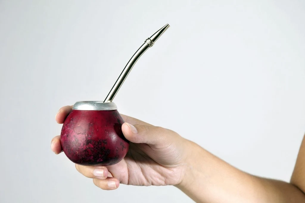 Yerbę pije się ze specjalnego naczynia zwanego tykwą lub matero Ręka trzyma tradycyjne naczynie do yerba mate z metalową rurką bombillą, na neutralnym tle.