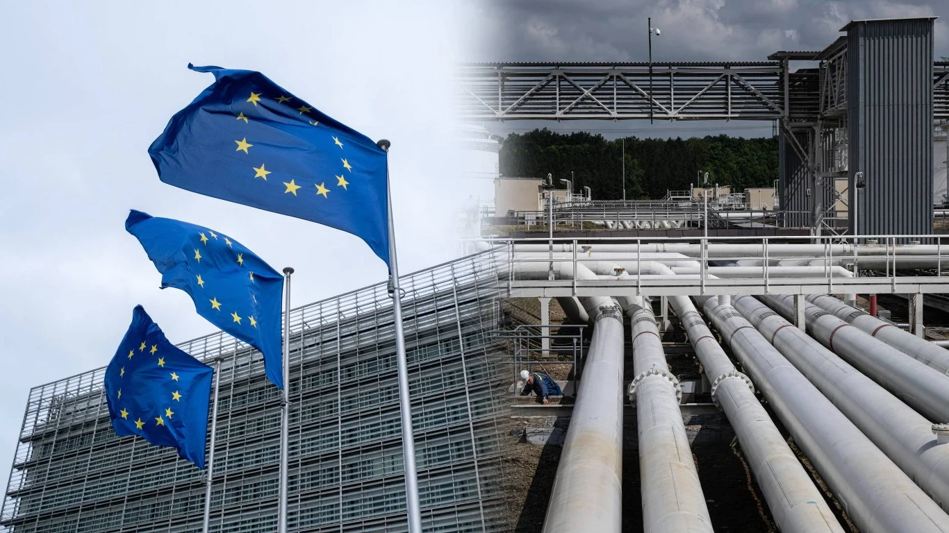 Węgry przeciwne odejściu od rosyjskiej ropy Powiewające flagi Unii Europejskiej na tle nowoczesnego budynku oraz infrastruktura przemysłowa z siecią dużych rur, symbolizująca przesył energii lub gazu.