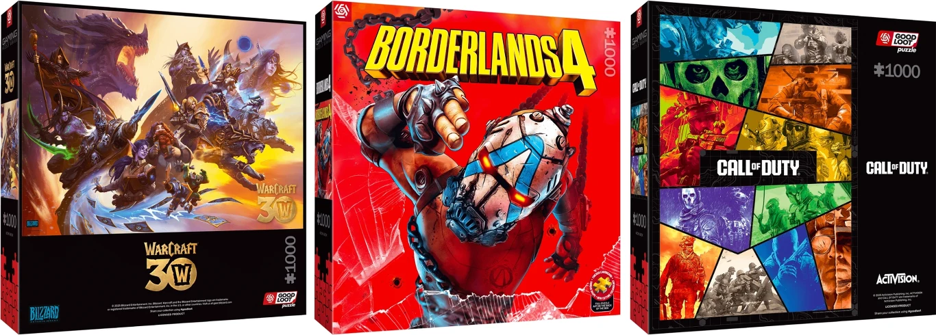 Gaming Puzzle: Warcraft 30th Anniversary, Borderlands 4 Break Free Psycho oraz Call of Duty Operators Collage Trzy pudełka puzzli inspirowane popularnymi grami komputerowymi: Warcraft 3, Borderlands 4 oraz Call of Duty, każde z charakterystyczną grafiką nawiązującą do tematyki danej gry.