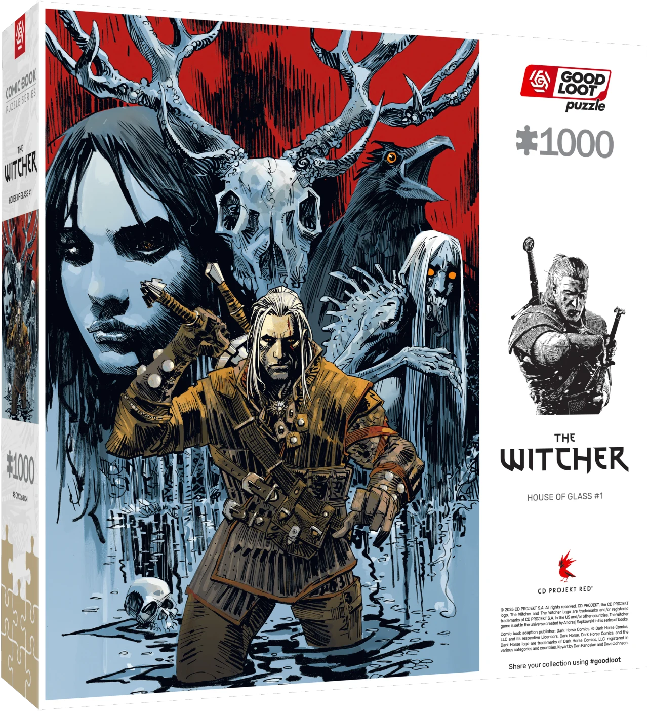 Comic Book Puzzle: The Witcher House of Glass Geralt z Rivii w otoczeniu fantastycznych postaci, czaszek oraz symbolicznych stworzeń, z wyrazistym tłem przedstawiającym kobiecą twarz, czaszkę z rogami jelenia i kruka; ilustracja dynamiczna, utrzymana w klimacie dark fantasy.