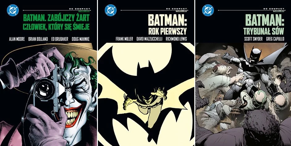 DC Compact - nowe komiksy o Batmanie Trzy okładki komiksów z serii Batman, na pierwszej z lewej Joker trzymający aparat fotograficzny i szeroko uśmiechnięty, na środku stylizowany czarny nietoperz na żółtym tle, po prawej Batman walczący z przeciwnikami pośród ciemnych barw.