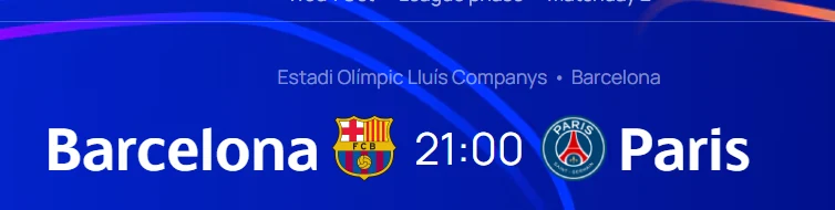 Informacja o meczu piłkarskim pomiędzy drużynami Barcelona i Paris Saint-Germain, rozegranym na stadionie Estadi Olímpic Lluís Companys w Barcelonie o godzinie 21:00, z widocznymi logotypami obu klubów.