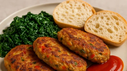 ​Kotlety wieprzowo-ziemniaczane – ze szpinakiem i ciabattą podane. Propozycja Jurka Sobieniaka