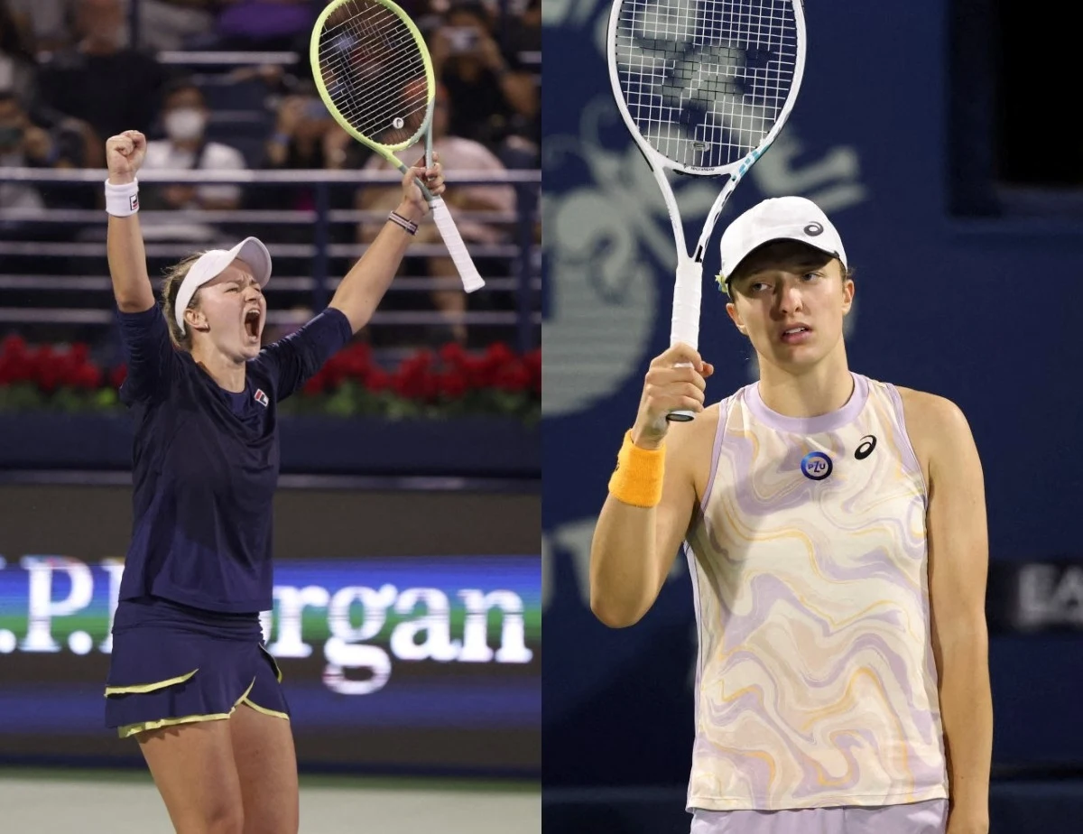 Barbora Krejcikova pokonała Igę Świątek dwukrotnie Dwie zawodniczki tenisowe na korcie, jedna wyraża radość po zwycięstwie unosząc ręce oraz rakietę, druga trzyma rakietę w dłoni i wygląda na spokojną, jedna z nich ubrana w sportową sukienkę a druga w jasny top i czapkę.