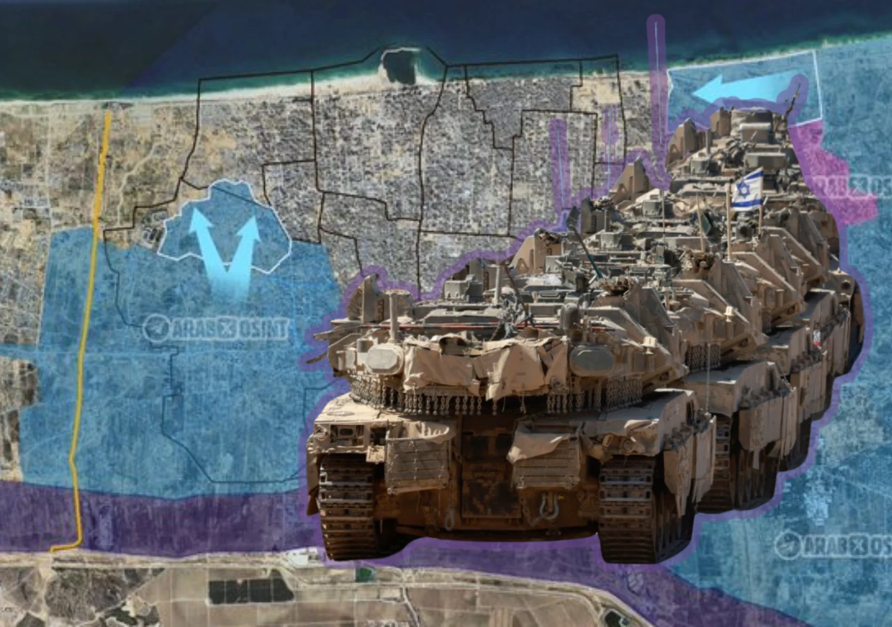 Izraelskie czołgi docierają do serca Strefy Gazy (zdj. ilustracyjne) Kolumna czołgów przemieszczająca się w kierunku oznaczonego obszaru na kolorowej mapie miejskiej, gdzie strzałki wskazują kierunki natarcia wzdłuż wybrzeża i na terenie miasta.