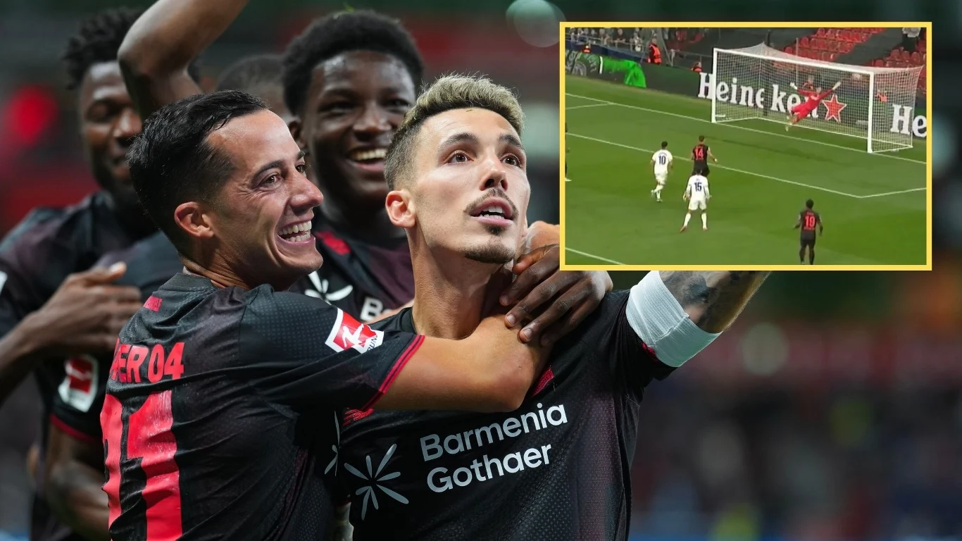 Bayer Leverkusen Piłkarze Bayeru Leverkusen świętują zdobycie gola podczas meczu, na ich twarzach widać radość i entuzjazm, w tle fragment trybun stadionu. W rogu znajduje się miniatura prezentująca moment zdobycia bramki.