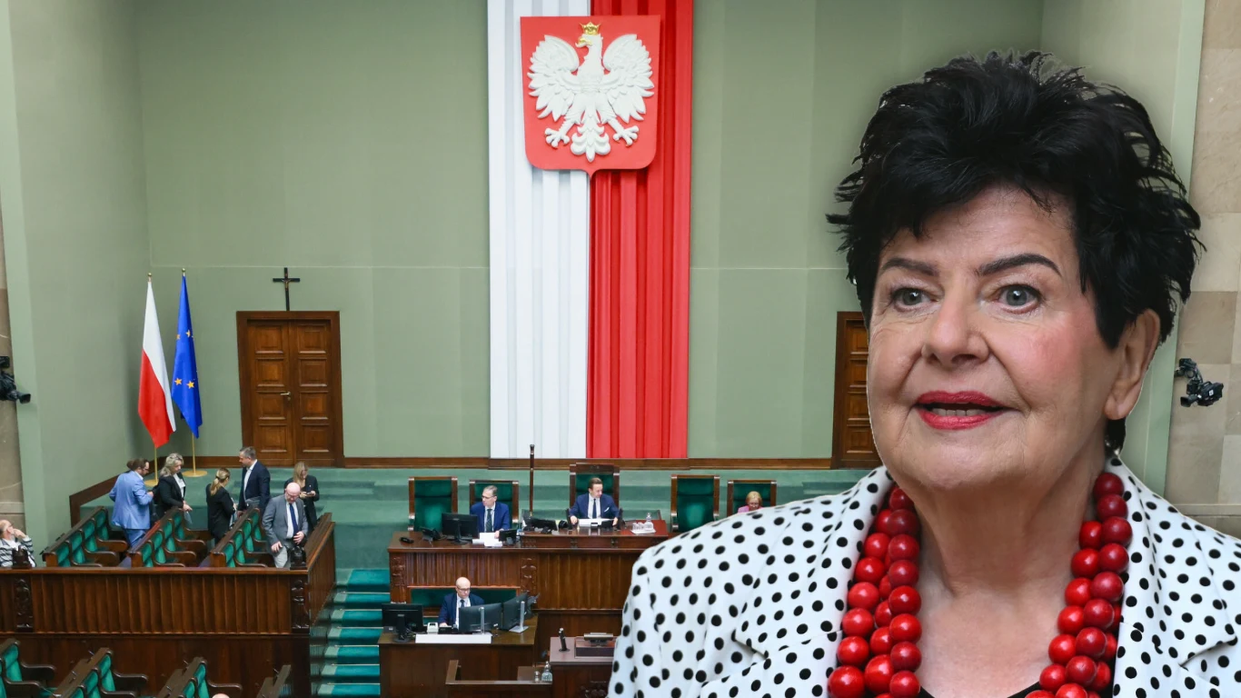 Joanna Senyszyn planuje wprowadzić do Sejmu swoją nową partię Kobieta w eleganckiej stylizacji z wyrazistą biżuterią na tle sali sejmowej z flagą Polski oraz godłem narodowym, w tle kilku polityków siedzących przy ławach poselskich.