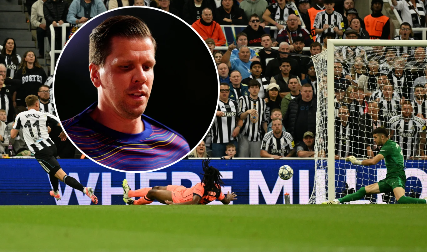 Wojciech Szczęsny nie zagrał w meczu Barcelony z Newcastle Intensywna akcja piłkarska podczas meczu, piłkarz drużyny w czarno-białych koszulkach oddaje strzał na bramkę bronioną przez zawodnika w zielonym stroju, w tle kibice na trybunach oraz portret zawodnika w okrągłej ramce.