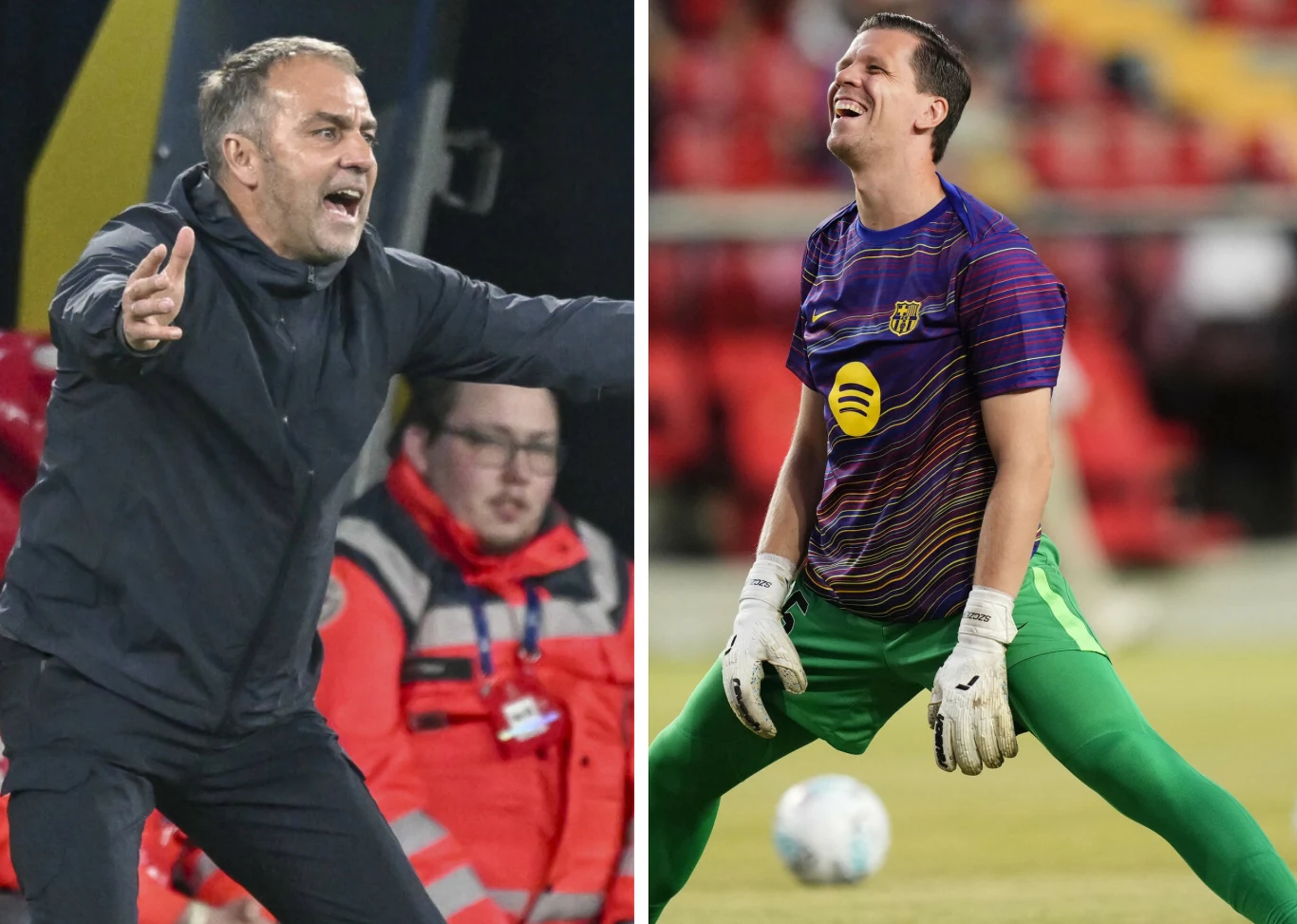 Na zdjęciu trener FC Barcelona Hansi Flick oraz Wojciech Szczęsny Po lewej trener gestykulujący energicznie przy linii bocznej boiska, w tle osoba w kurtce ratownika; po prawej bramkarz w sportowej koszulce i zielonych spodenkach, stojący na murawie i uśmiechający się z piłką pod nogami.