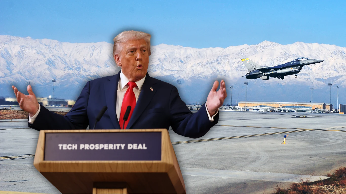Donald Trump chce powrotu do Bagram. Kabul odpowiada Mężczyzna w garniturze stojący za mównicą z napisem 'Tech Prosperity Deal' na tle lotniska oraz górujących w oddali ośnieżonych gór, obok którego startuje myśliwiec.