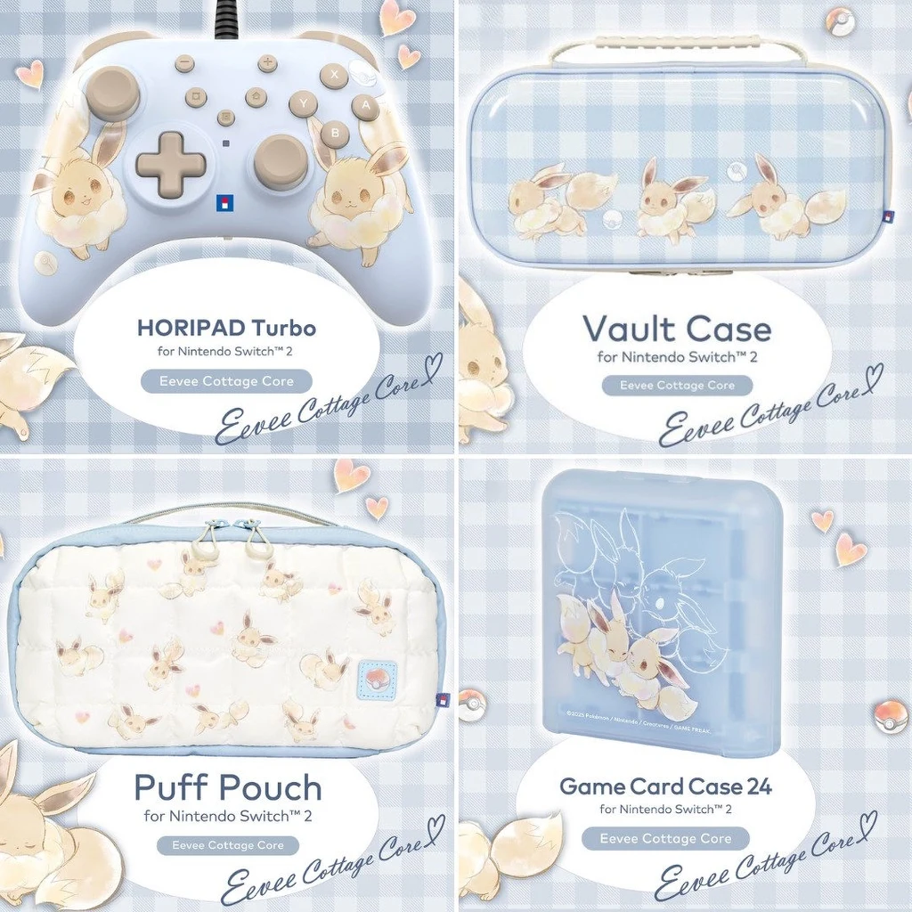 Zestaw akcesoriów z motywem Pokemonów, ozdobionych wizerunkiem Eevee i pastelowymi sercami, obejmuje kontroler do Nintendo Switch, etui na konsolę, miękką kosmetyczkę oraz pojemnik na karty do gry, wszystkie utrzymane w jasnej, błękitnej kolorystyce.