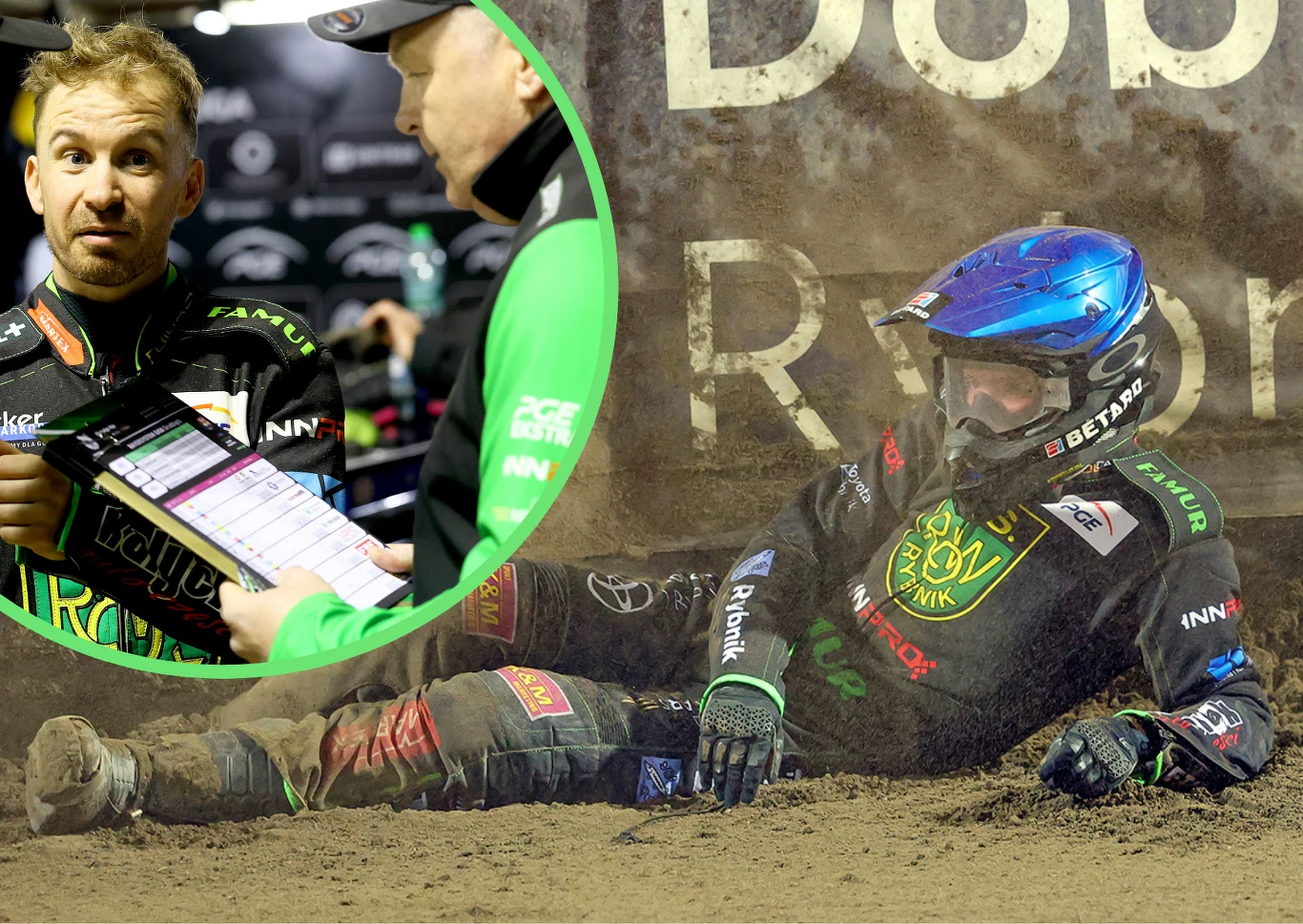 Rohan Tungate miał w tym sezonie więcej wzlotów niż upadków. Chce zostać w ROW-ie Rybnik, ale 12-krotny mistrz Polski potrzebuje jeszcze dwóch mocnych nazwisk Zawodnik żużlowy w kombinezonie i kasku siedzi na torze żużlowym po upadku, widoczny jest kurz oraz fragment reklamy na bandzie. W lewym górnym rogu został wstawiony kadr z rozmowy dwóch osób – zawodnika i osoby z obsługi, którzy analizują wyniki na ta...